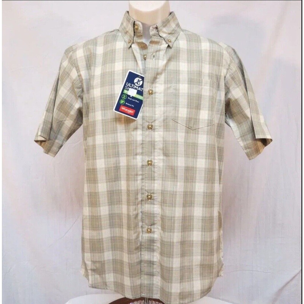 Wrangler Shirt Wrinkle Resistant Relax Fit‎ Shirt Tan Plaid NWT Small